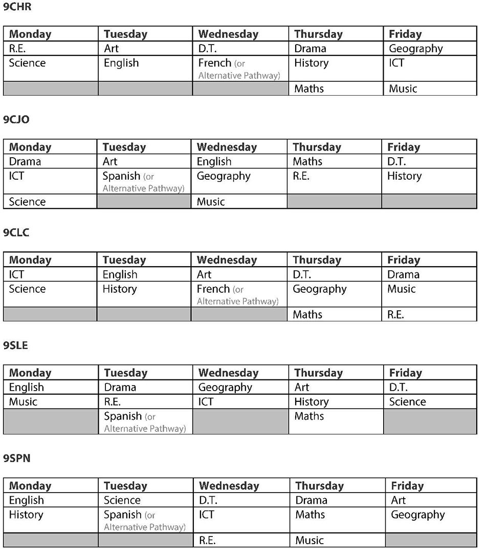 Y9 homework timetables 2024