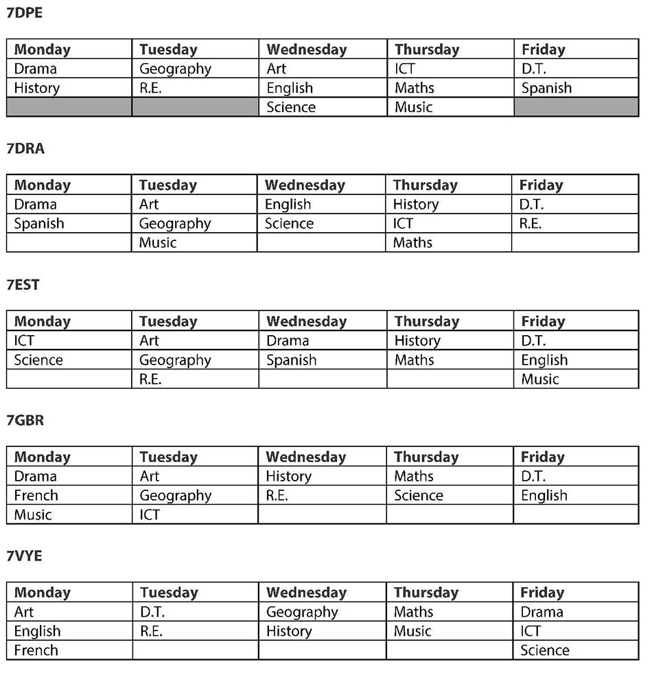 Y7 homework timetables 2024