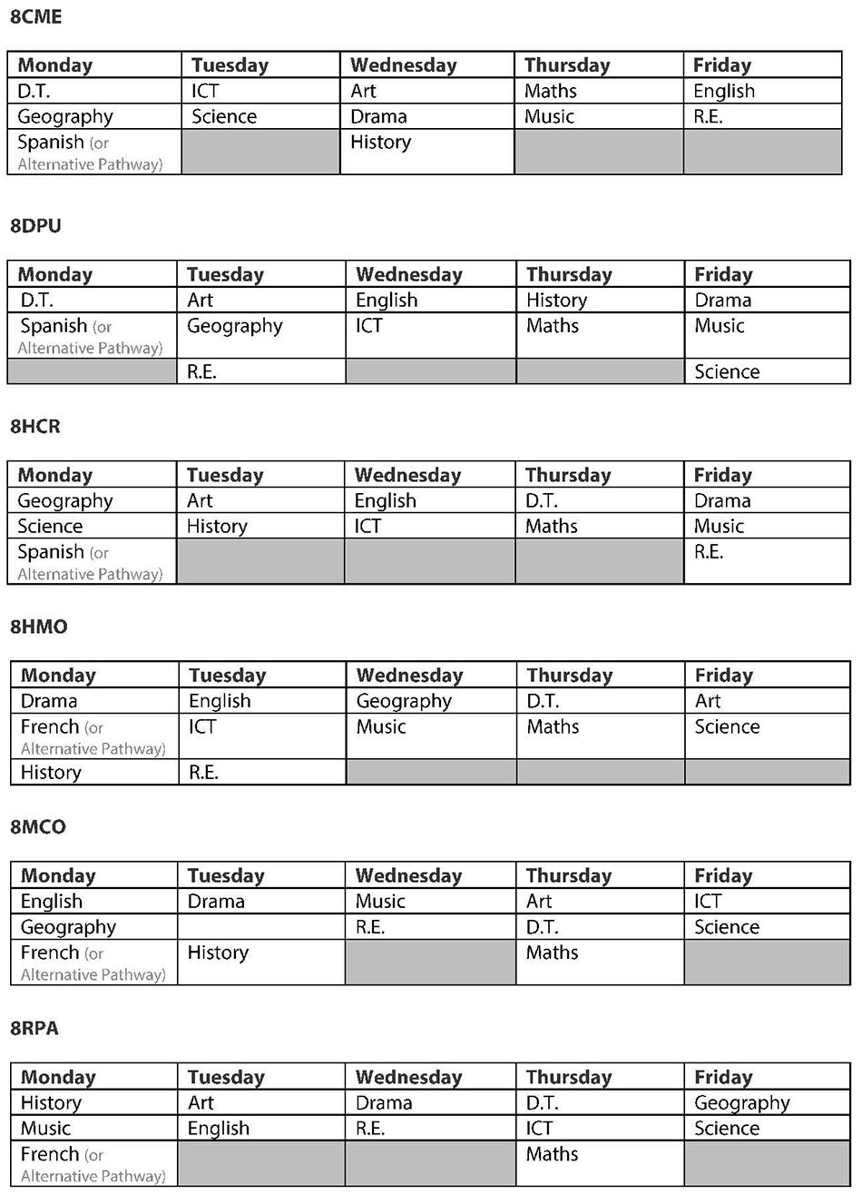 Y8 homework timetables 2024