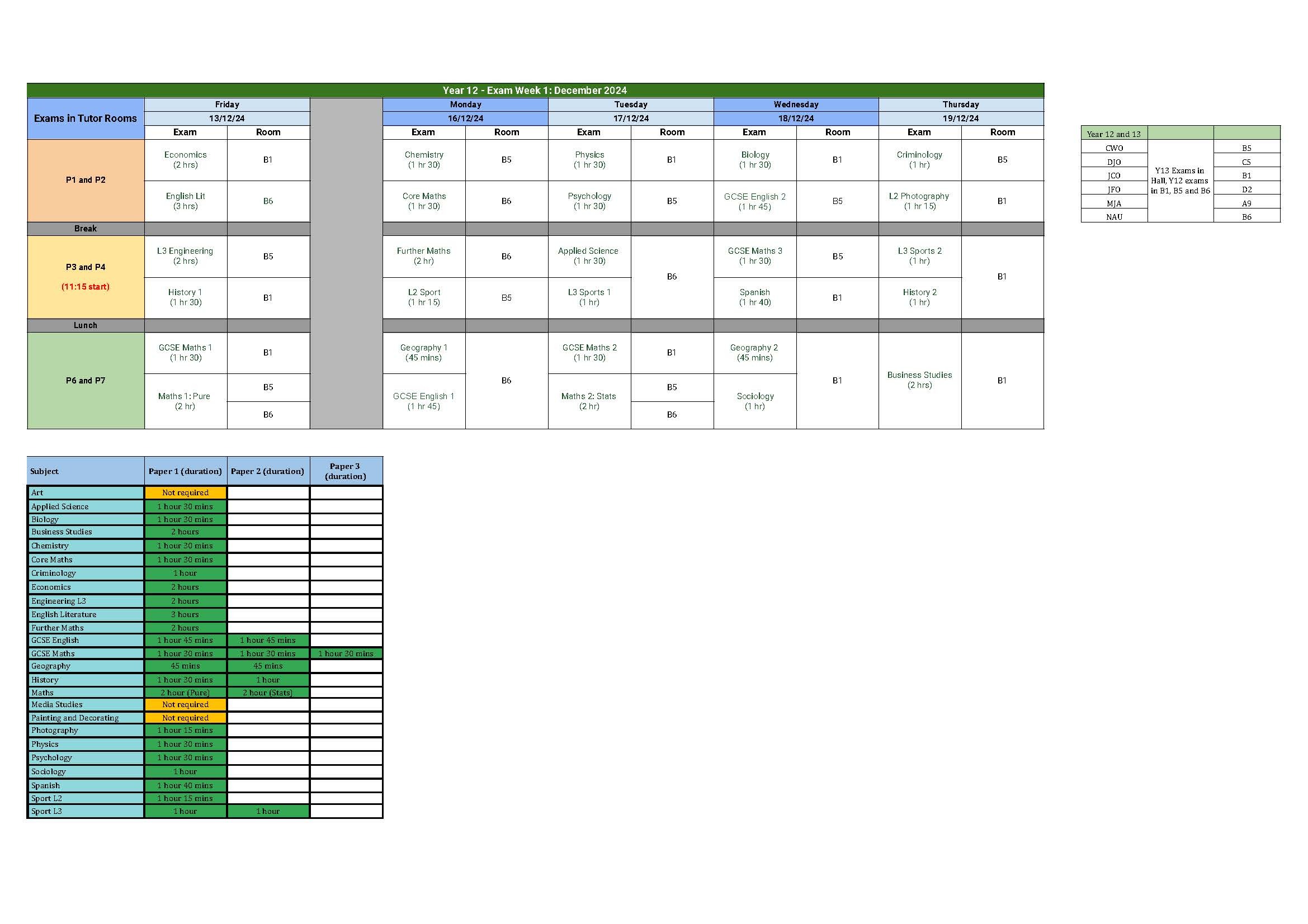 Exam week 1 dec 2024 schedule y12