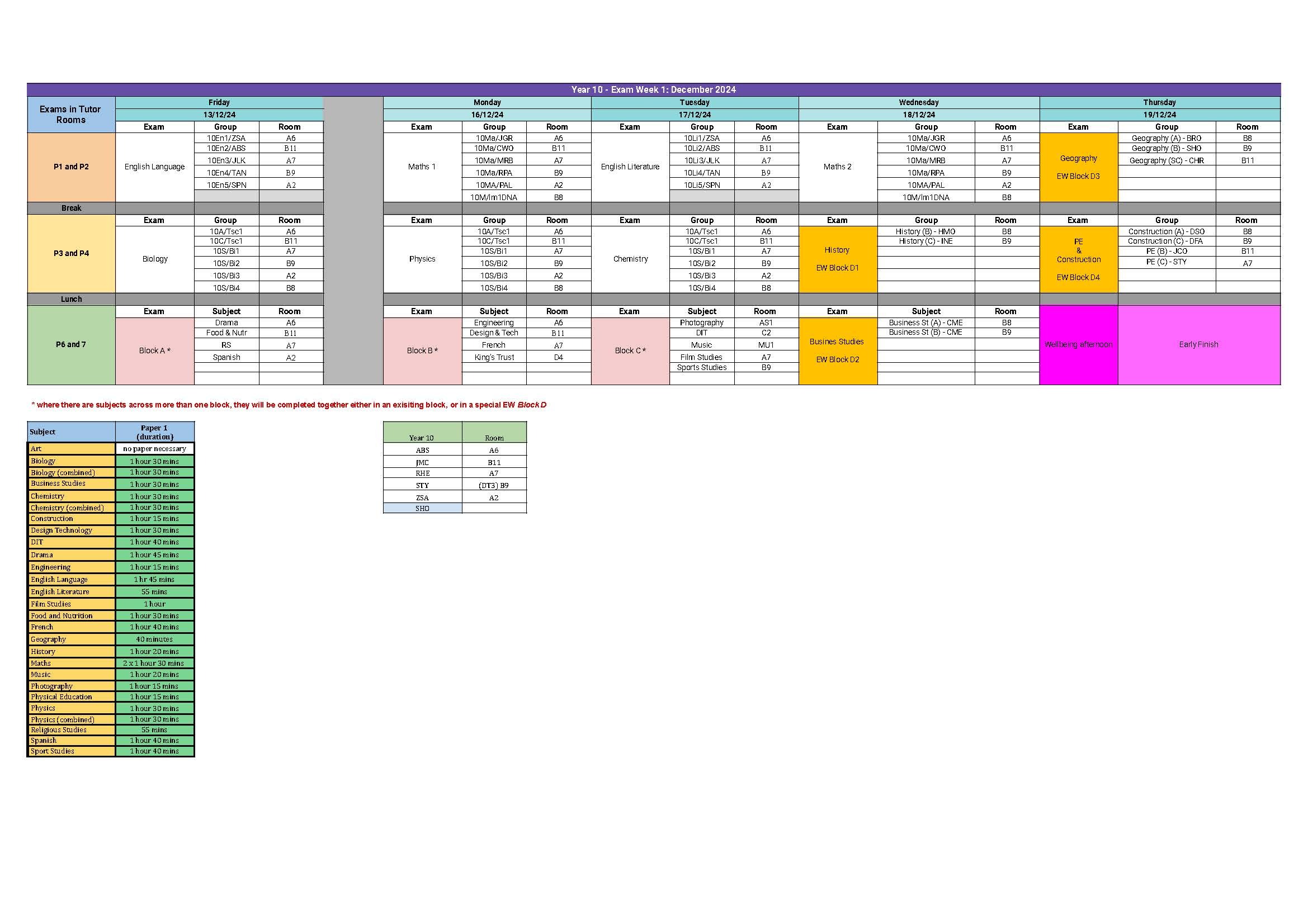 Exam week 1 dec 2024 schedule y10