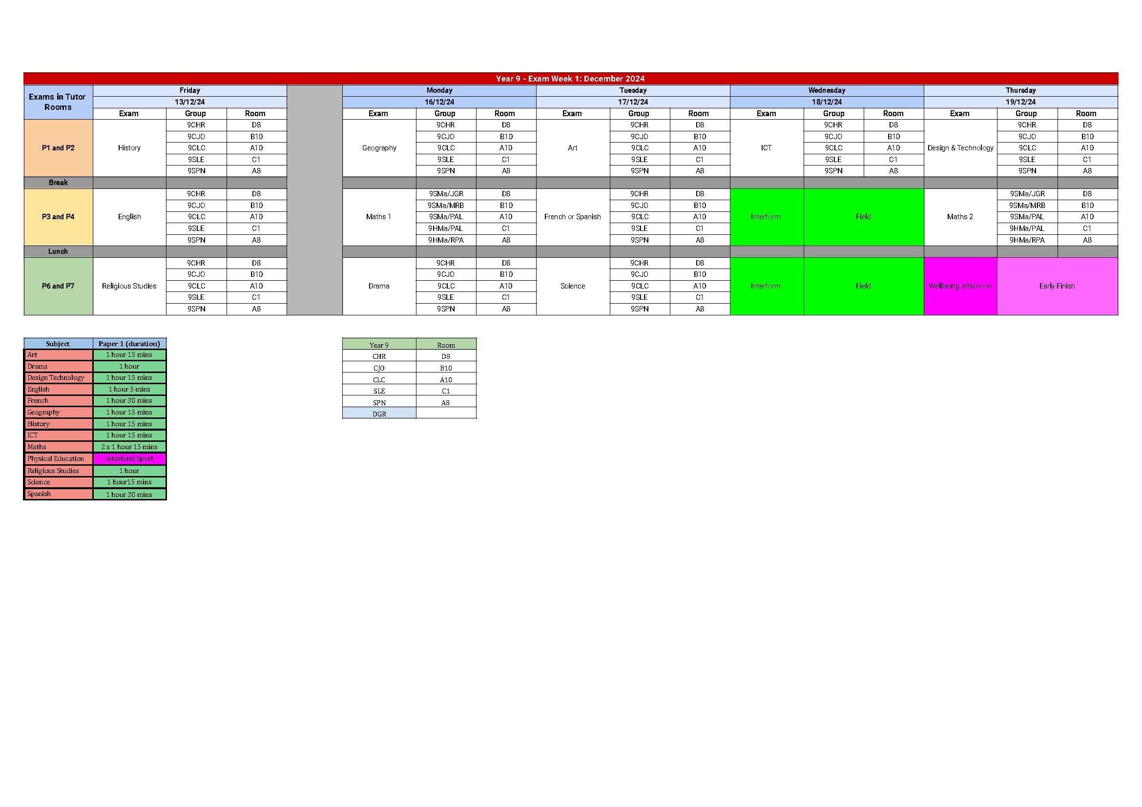 Exam week 1 dec 2024 schedule y9