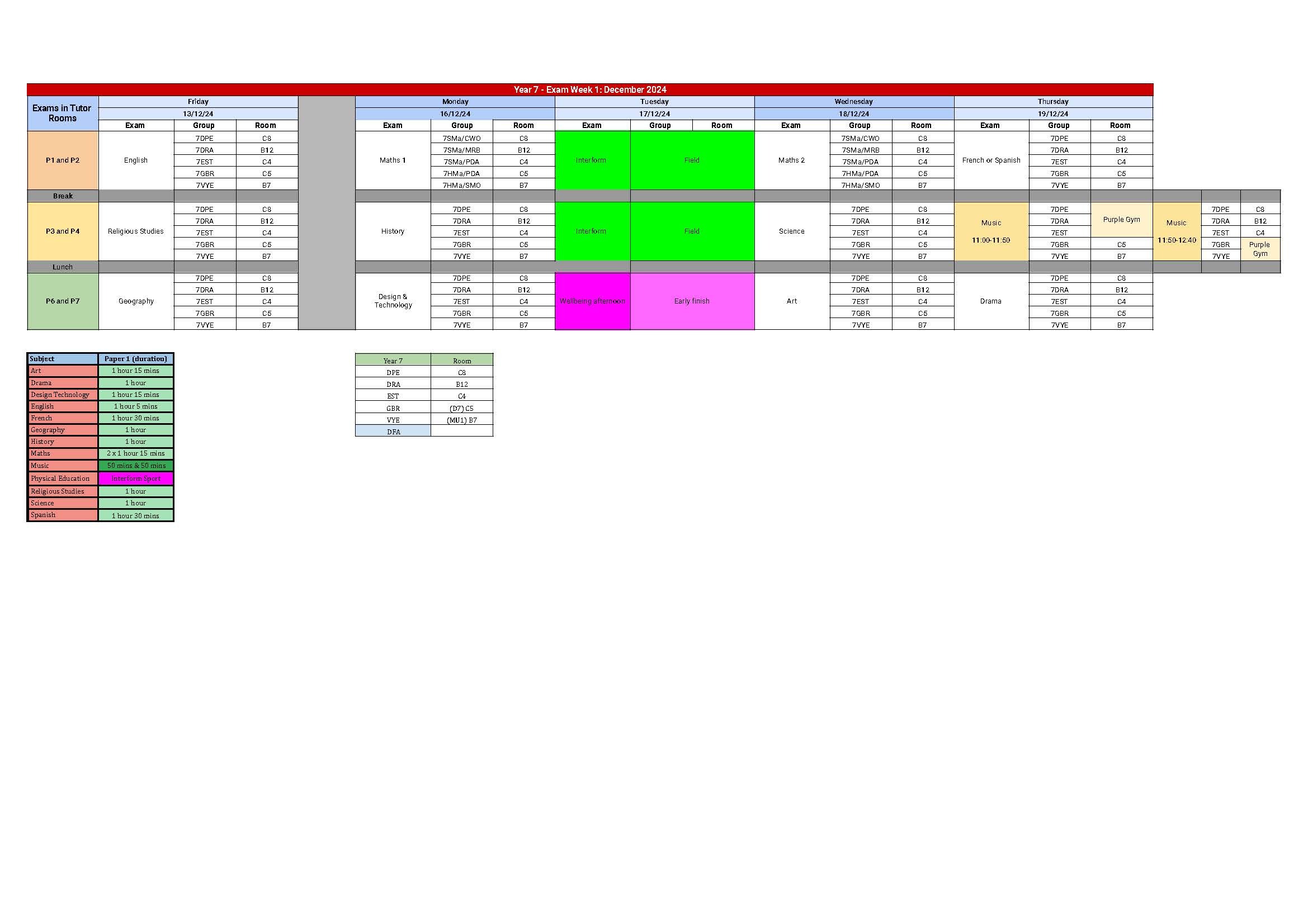 Exam week 1 dec 2024 schedule y7