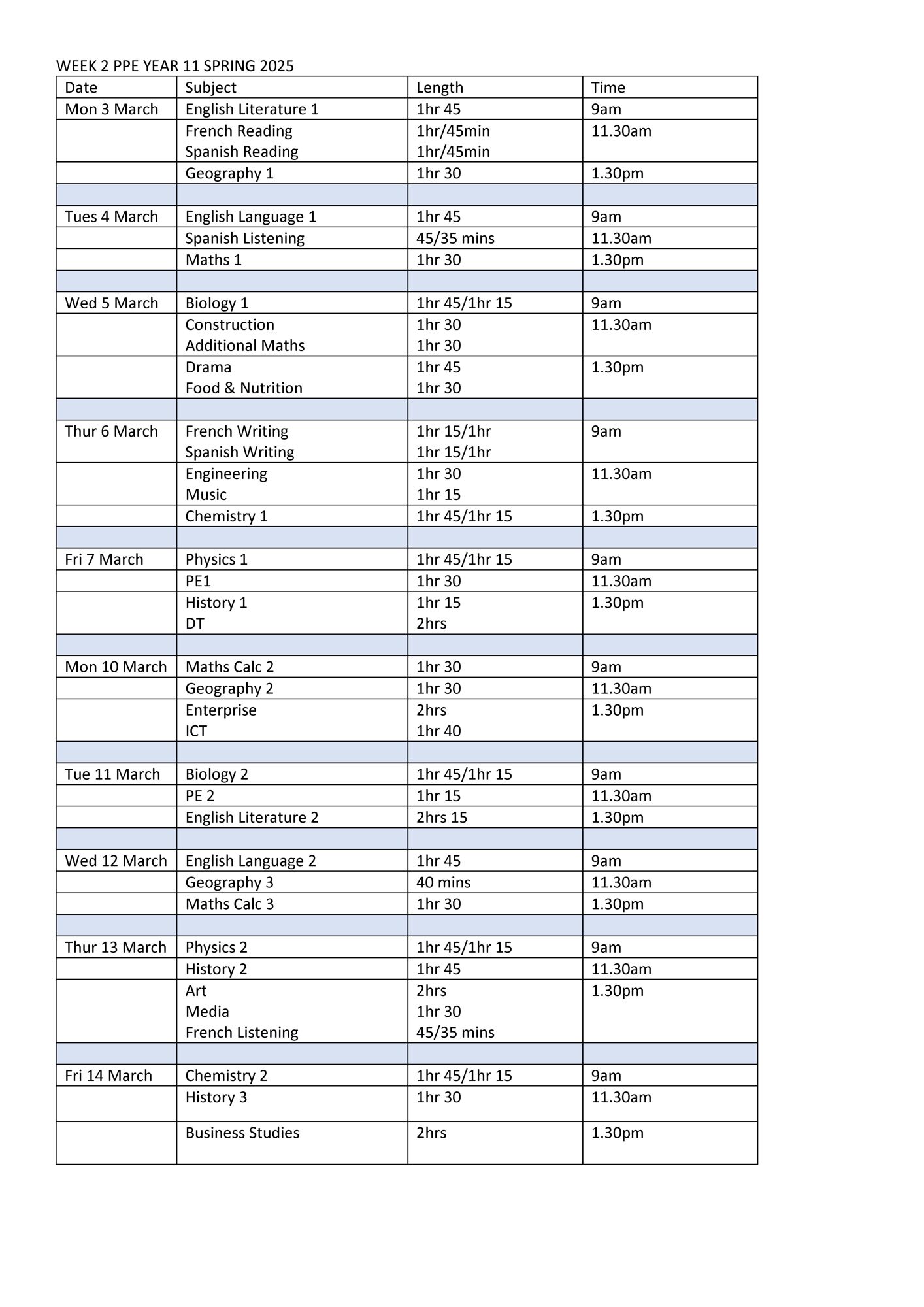 Year 11 exam week 2 spring 2025