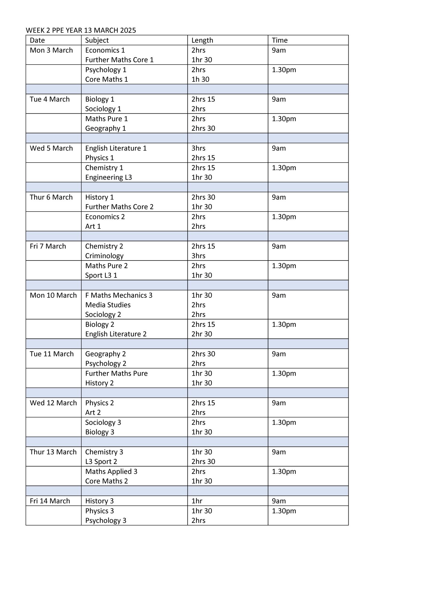 Year 13 exam timetable spring 2025