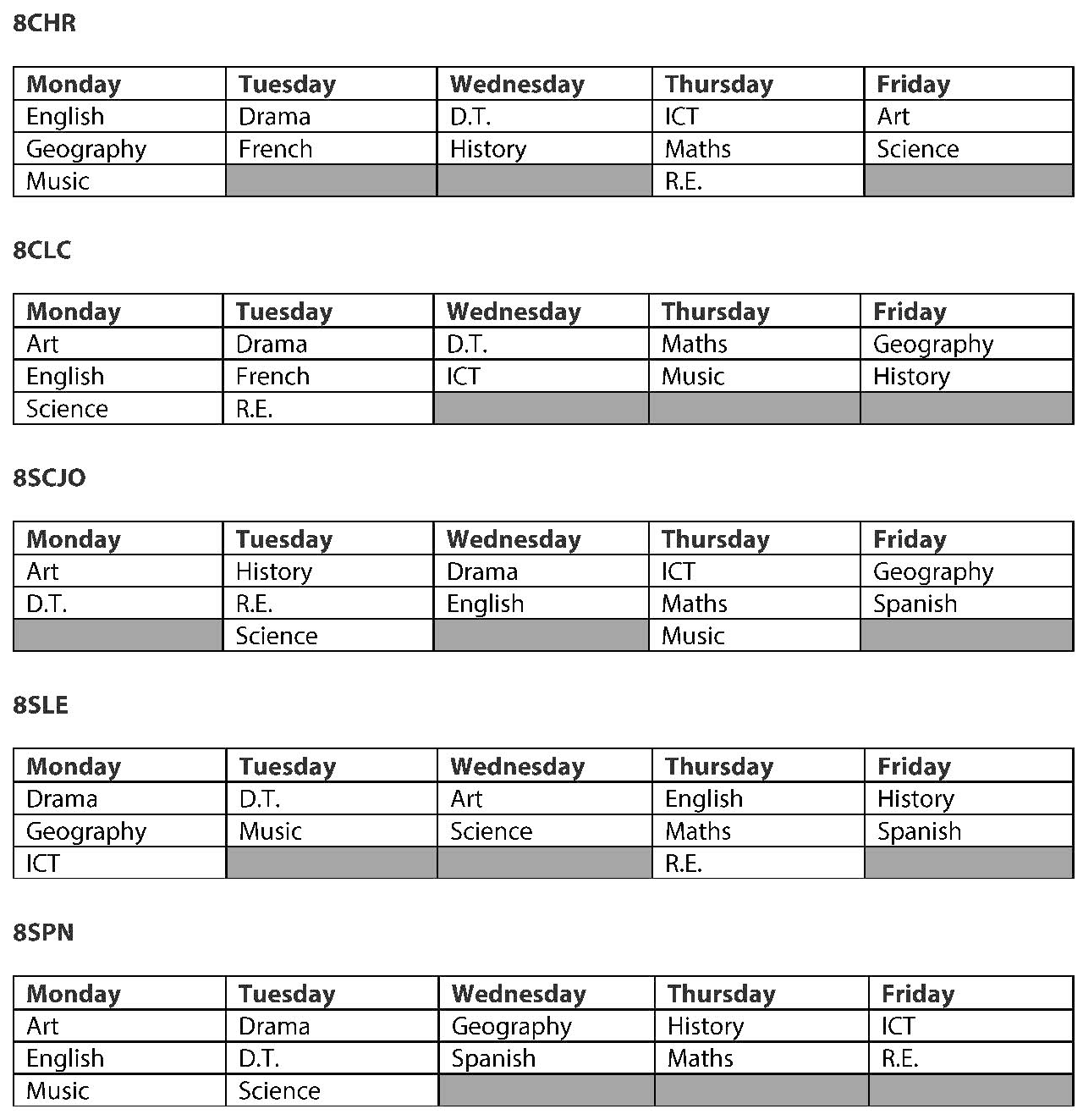 Y8 homework timetable 2023