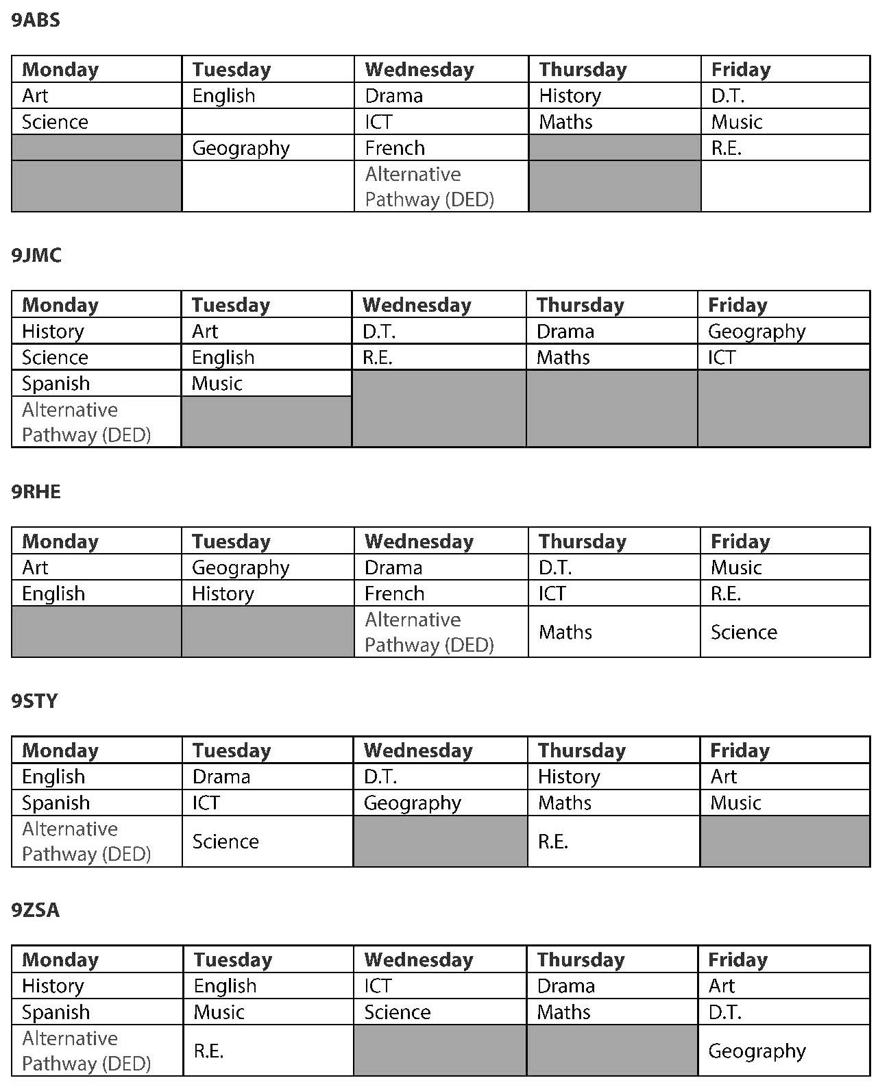 Y9 homework timetable 2023